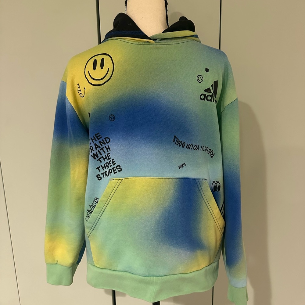 ADIDAS Size 14/16 (Boys) Blue, Green, Yellow Loose Fit Graphic Hoodie w/ Pocket
